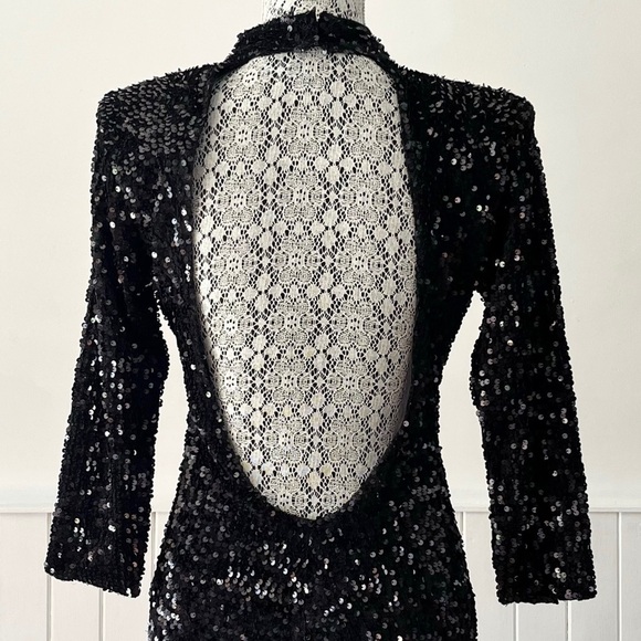 Zara Basic Black Mock Neck Open Back 3/4 Sleeve Sequin Mini Dress Size L - Picture 8 of 15